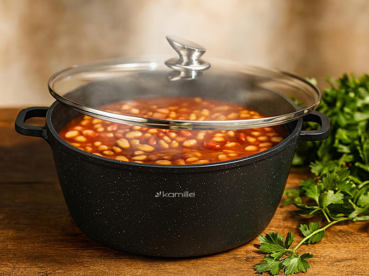 Каструля зі скляною кришкою та антипригарним покриттям Kamille КМ-4483 з литого алюмінію 18,5 л Чорний мармур (150-84-4483) - фото 5 Каструля зі скляною кришкою та антипригарним покриттям Kamille КМ-4483 з литого алюмінію 18,5 л Чорний мармур (150-84-4483) - фото 5
