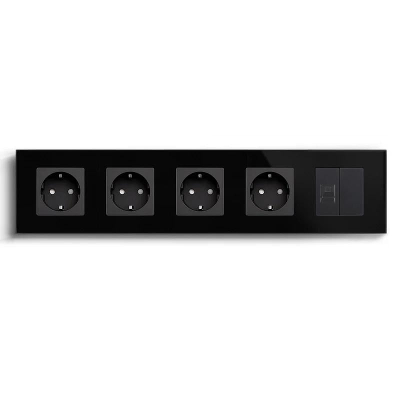 Розетка пятиместная LUXION силовая/интернет RJ-45 настенная стеклянная рамка Черный (LX-M5FCAT6BLK-BK)