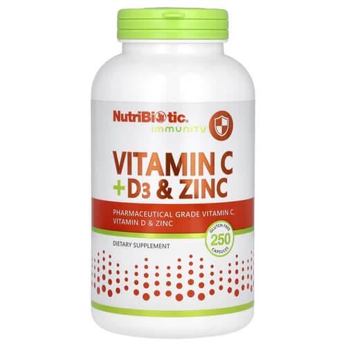Витамин С NutriBiotic Vitamin C+D3 & Zinc 250 Capsules (NBC-00521)