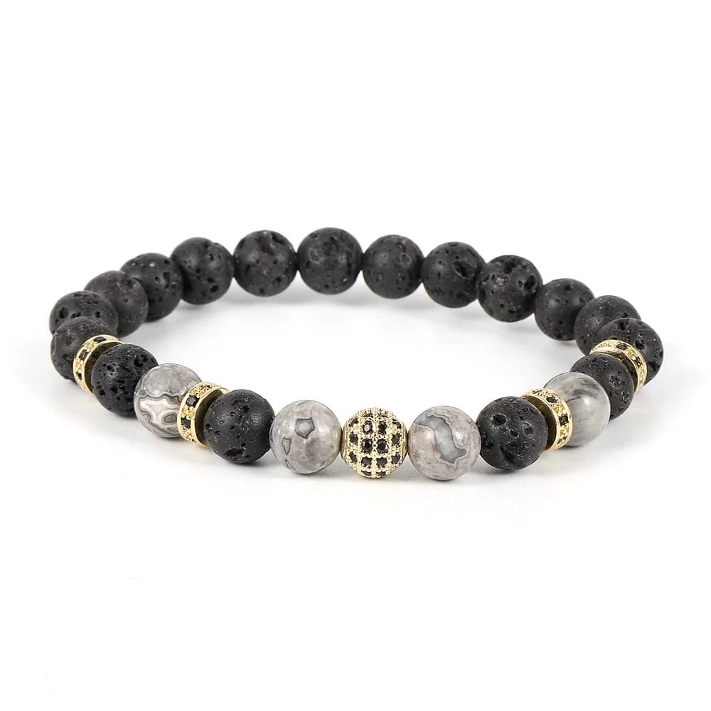 Браслет з лавового каменю та яшми з кулею та дисками р. 18 (90100)