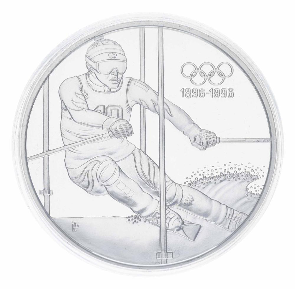 Коллекционная монета Австрия 200 шиллингов 1995 Серебро Proof 100 лет Олимпийским играм Лыжный спорт Ag 925° 33,63 г (34975635)