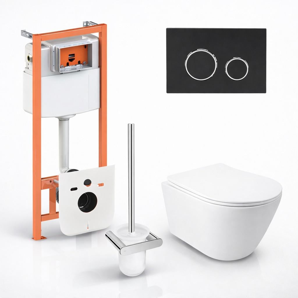 Готове рішення Qtap Jay підвісний унітаз Ultra Quiet/інсталяція Nest 4в1/кнопка Matt Black кругла/йоршик (45136)