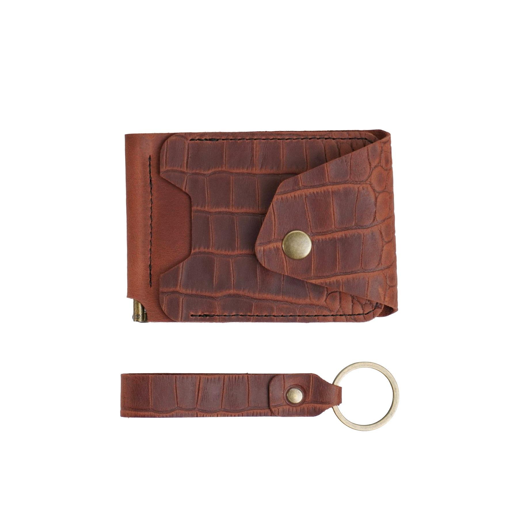 Зажим для денег Крокодил с монетницей кожаный Рыжий (M-04r)