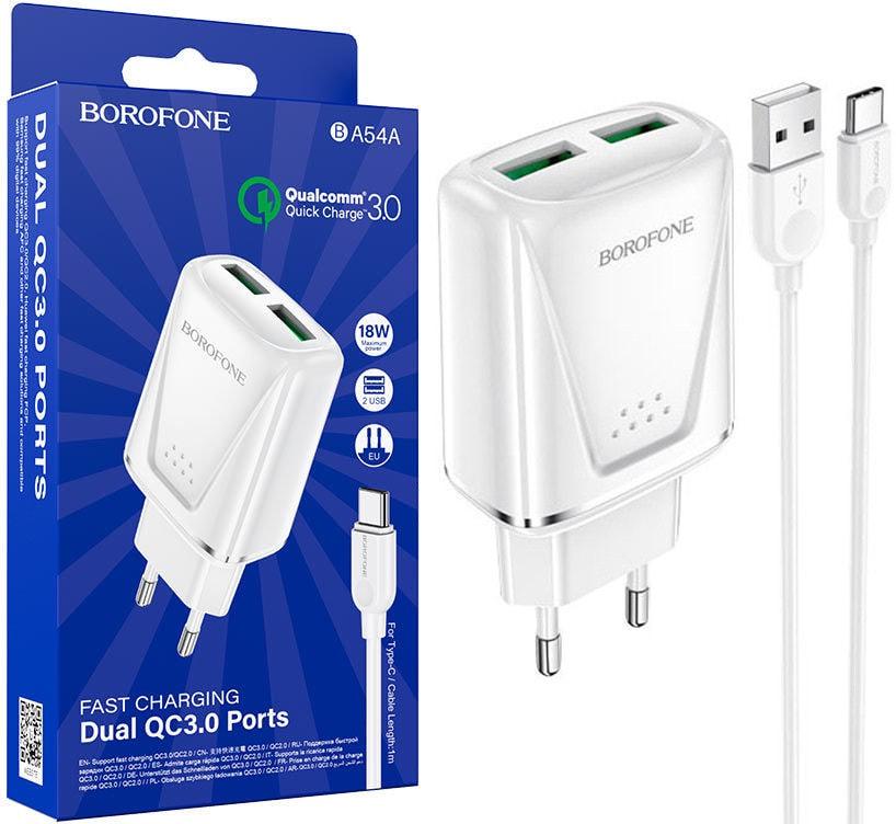 Пристрій зарядний Borofone BA54A QC3.0 2 USB 3A кабель Type-C 18W White (36723) Пристрій зарядний Borofone BA54A QC3.0 2 USB 3A кабель Type-C 18W White (36723)