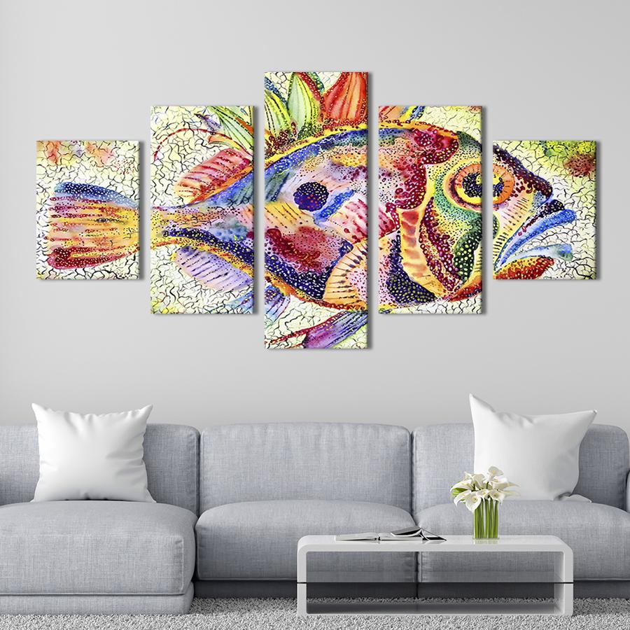 Модульная картина из 5 частей на холсте интерьерная картина Яркая абстрактная рыба 162x80 см (138-52) Модульная картина из 5 частей на холсте интерьерная картина Яркая абстрактная рыба 162x80 см (138-52)