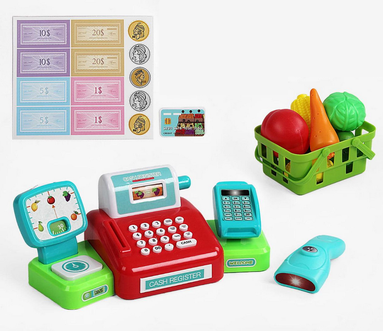 Игрушечный кассовый аппарат с корзиной для продуктов и набором овощей (88930)