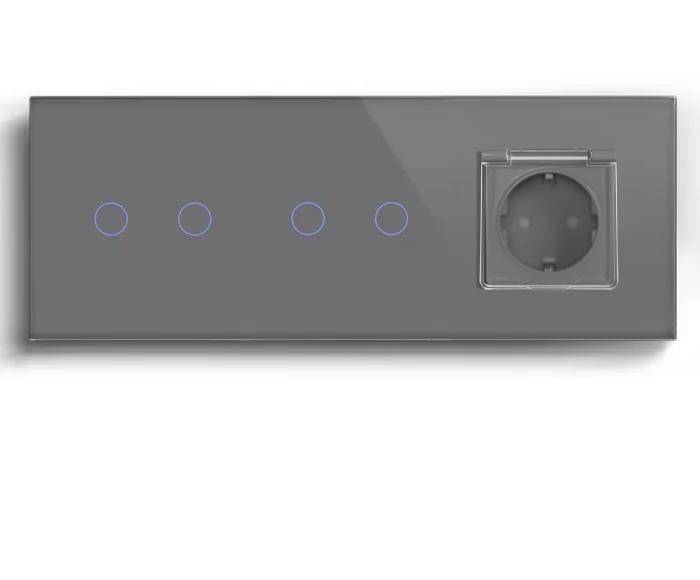 Выключатель умный LUXION сенсорный 4 сенсора 2-2 с розеткой/крышкой IP44 с заземлением/шторками стекло Серый