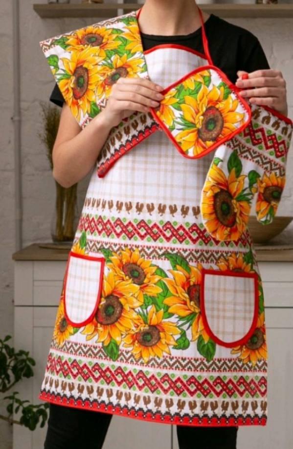 Фартук с перчаткой и прихваткой для кухни Подсолнухи 55х73 см Белый (П4К-fartuh0015) - фото 2