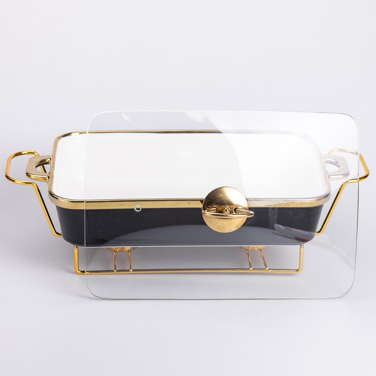 Мармит керамический со стеклянной крышкой на металлической подставке 40х22,5х15,5 см 2 л Черный (6851)