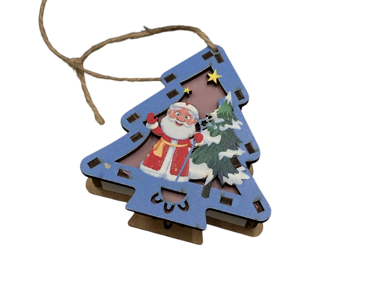 Игрушка елочная новогодняя Елочка с Санта Клаусом с подсветкой из фанеры 95х90х28 мм Разноцветный (NR-110)