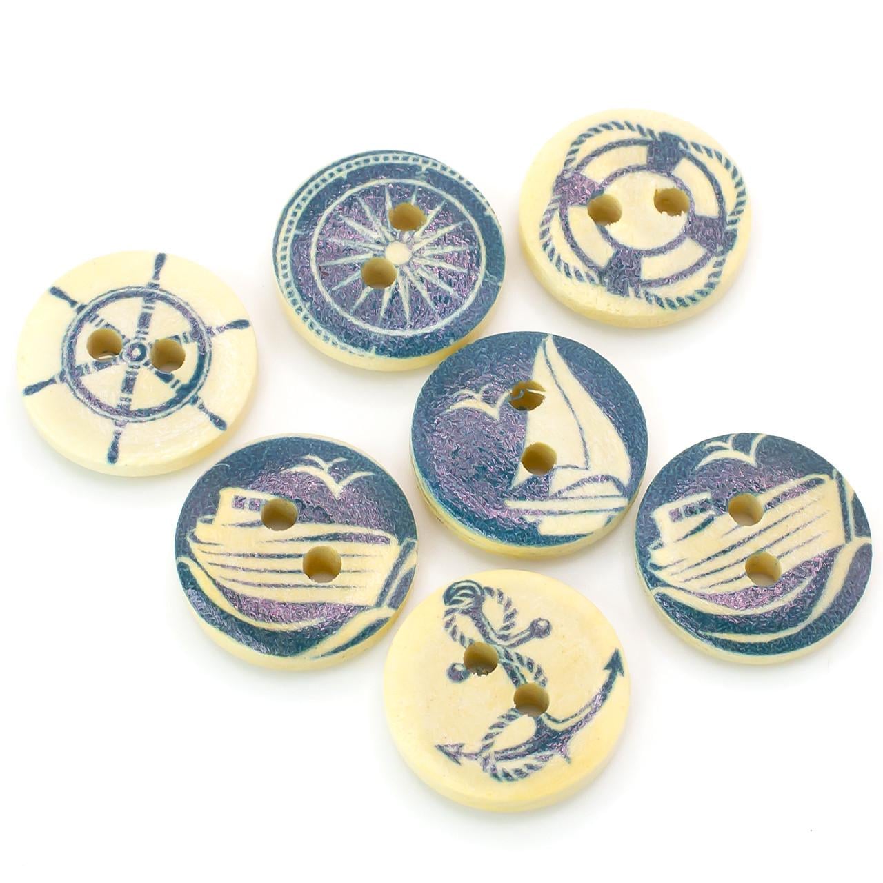 Пуговицы круглые деревянные с морским принтом 15 мм 30 шт. Разноцветный (ДП0015м24)