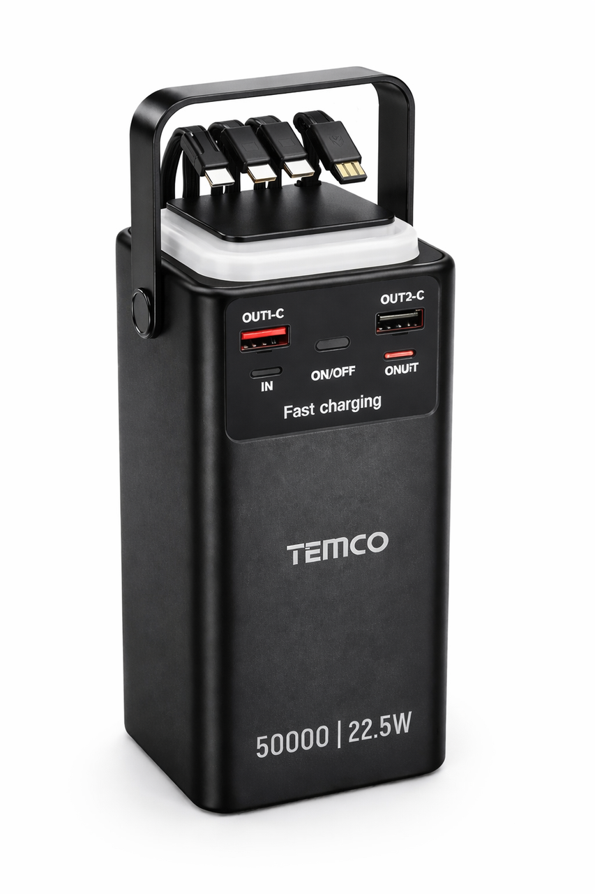 Повербанк Temco с быстрой зарядкой PD 4 встроенные кабели/дисплей/фонарик 20W/QC 22,5W 50000 mAh (32162389)