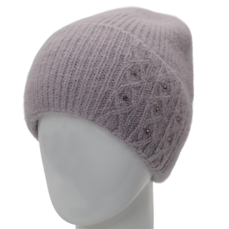 Шапка женская ангоровая с отворотом утепленная флисом Novita Крокус с узором украшена стразами Розовый дым