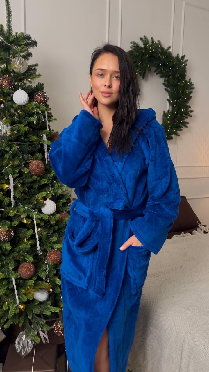 Халат женский махровый с капюшоном 2 кармана 4XL Электрик - фото 5 Халат женский махровый с капюшоном 2 кармана 4XL Электрик - фото 5