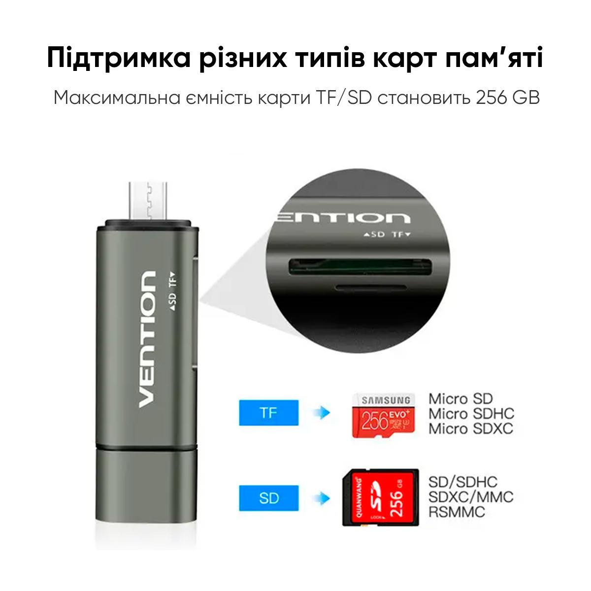 Кардридер Vention USB3.0 Multi-function Card Reader Gray Metal Type (CCHH0) - фото 9