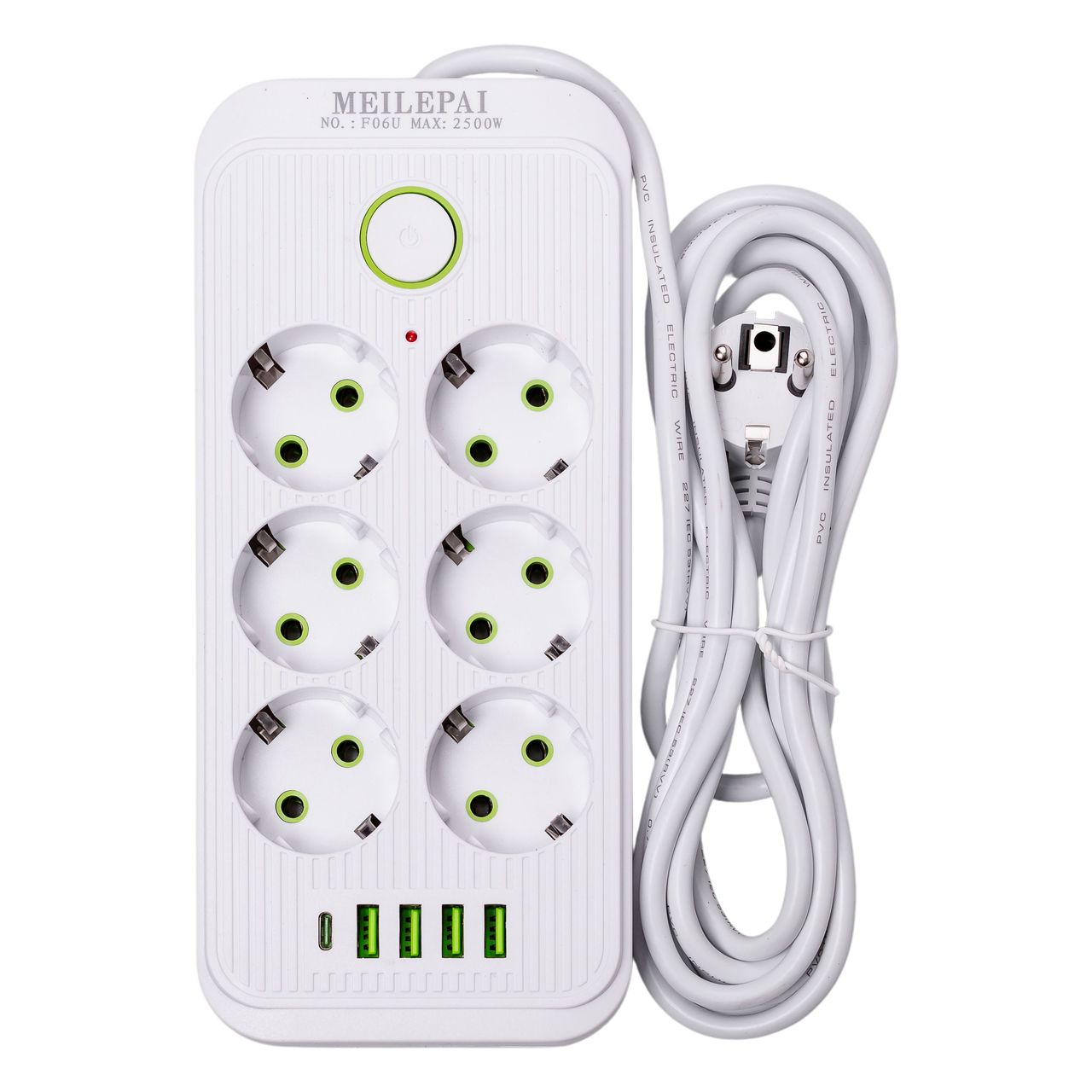 Удлинитель F06U на 6 розеток 4 USB 1 Type-C и кнопкой отключения 3 м Белый (HP-5-23) - фото 1 Удлинитель F06U на 6 розеток 4 USB 1 Type-C и кнопкой отключения 3 м Белый (HP-5-23) - фото 1