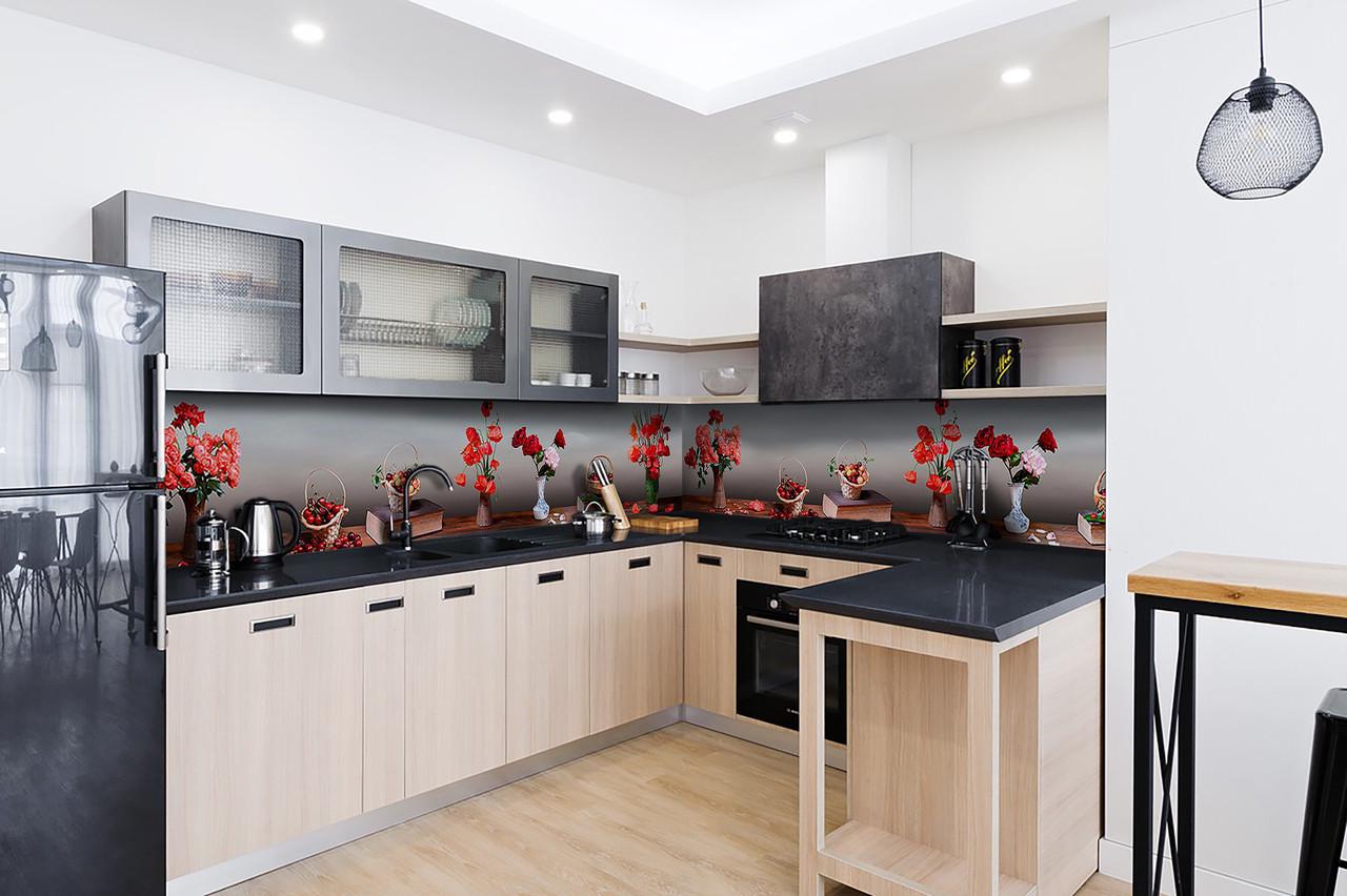 Кухонный фартук Маки и вишни из самоклеющейся виниловой пленки 60х250 см Серый