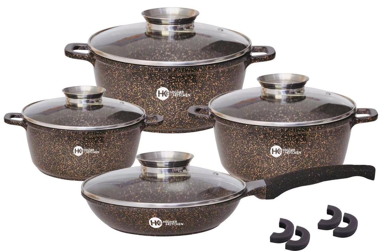 Набір каструль та сковорода Higher Kitchen HK-310 8 пр. із гранітним антипригарним покриттям Коричневий (A9524) - фото 4 Набір каструль та сковорода Higher Kitchen HK-310 8 пр. із гранітним антипригарним покриттям Коричневий (A9524) - фото 4