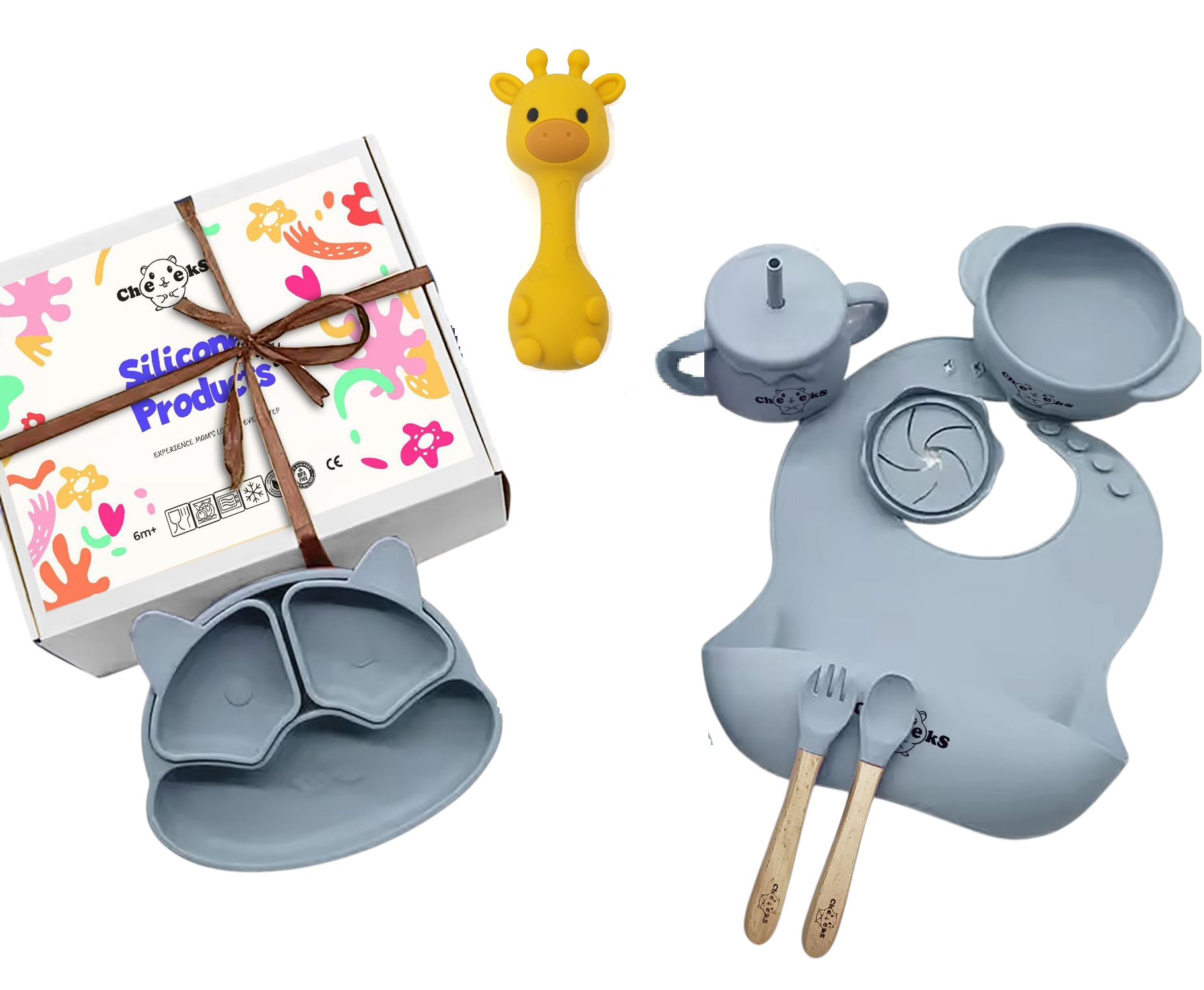 Набір дитячого посуду Cheeks Жираф № 2 з прорізувачем/брязкальцем Блакитний (31766962)