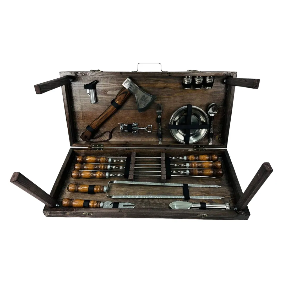 Набір шампурів у кейсі Кізляр MAX великий дерев'яний з нержавіючої сталі (2-10-KS-7502)