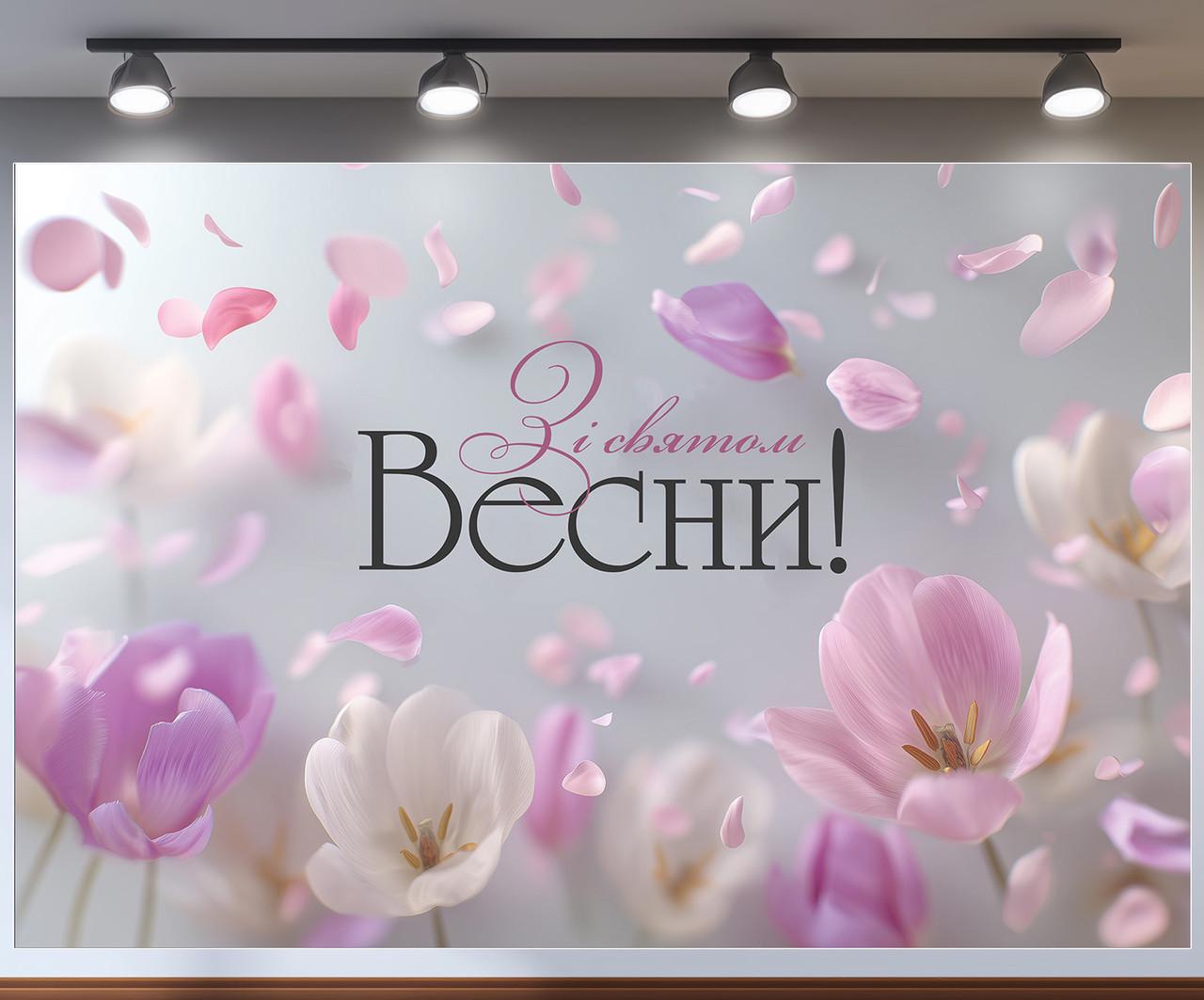 Фотозона "Зі святом Весни" с лепестками в воздухе и нежным светлым фоном 300x200 см №47305