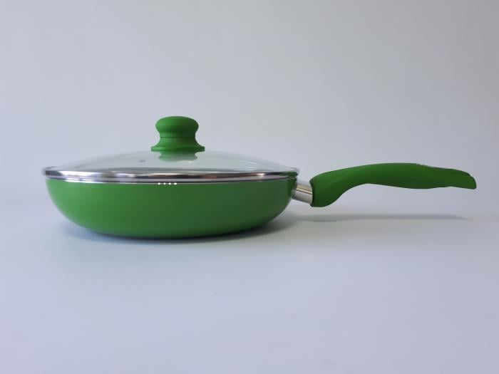 Сковорода для смаження з антипригарним керамічним покриттям зі скляною кришкою зелена D 26cm H 5cm L 45cm 13185 - фото 2 Сковорода для смаження з антипригарним керамічним покриттям зі скляною кришкою зелена D 26cm H 5cm L 45cm 13185 - фото 2