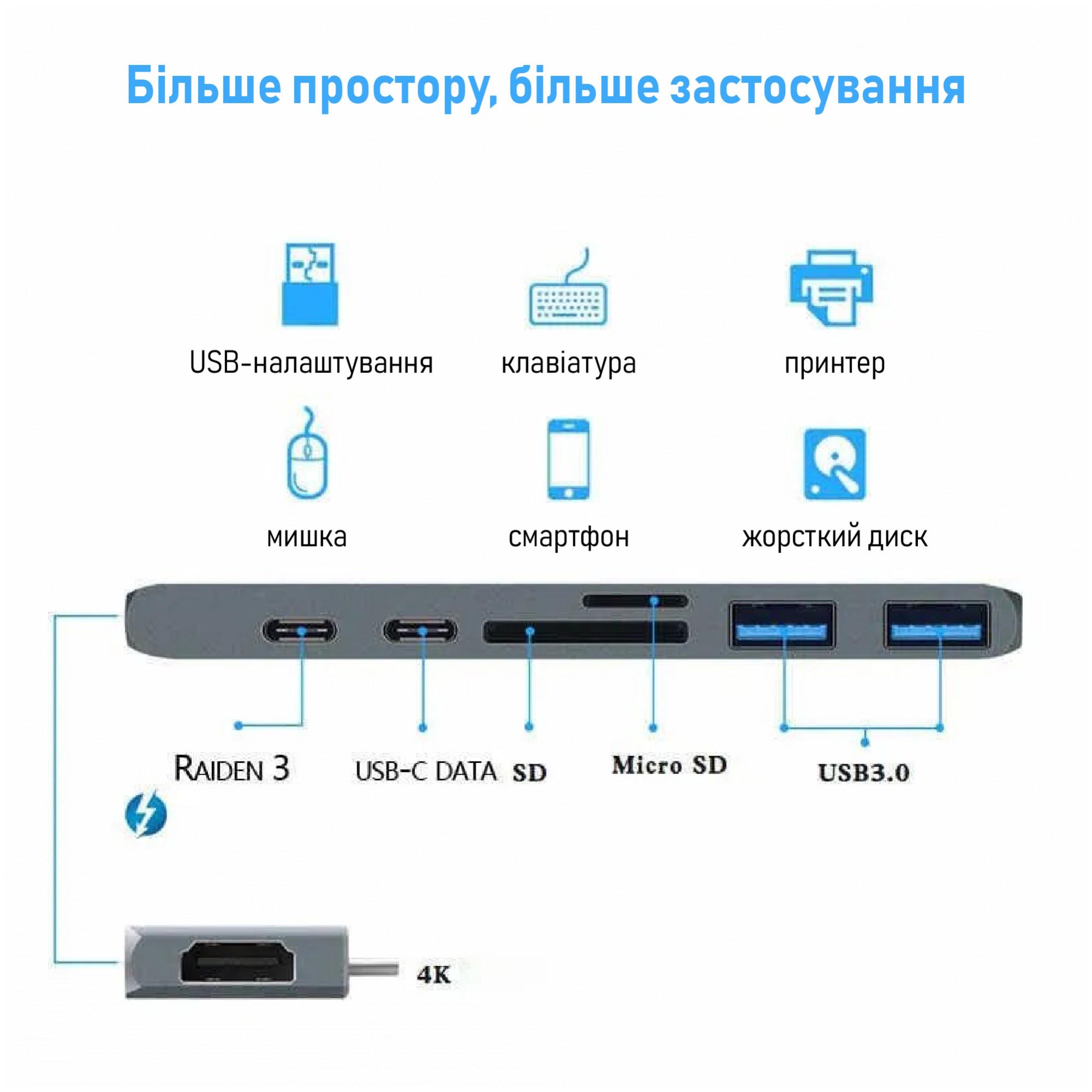 USB-хаб XON SmartHub Pro 7в1 Сірий (UHCCP074300G 5191) - фото 5