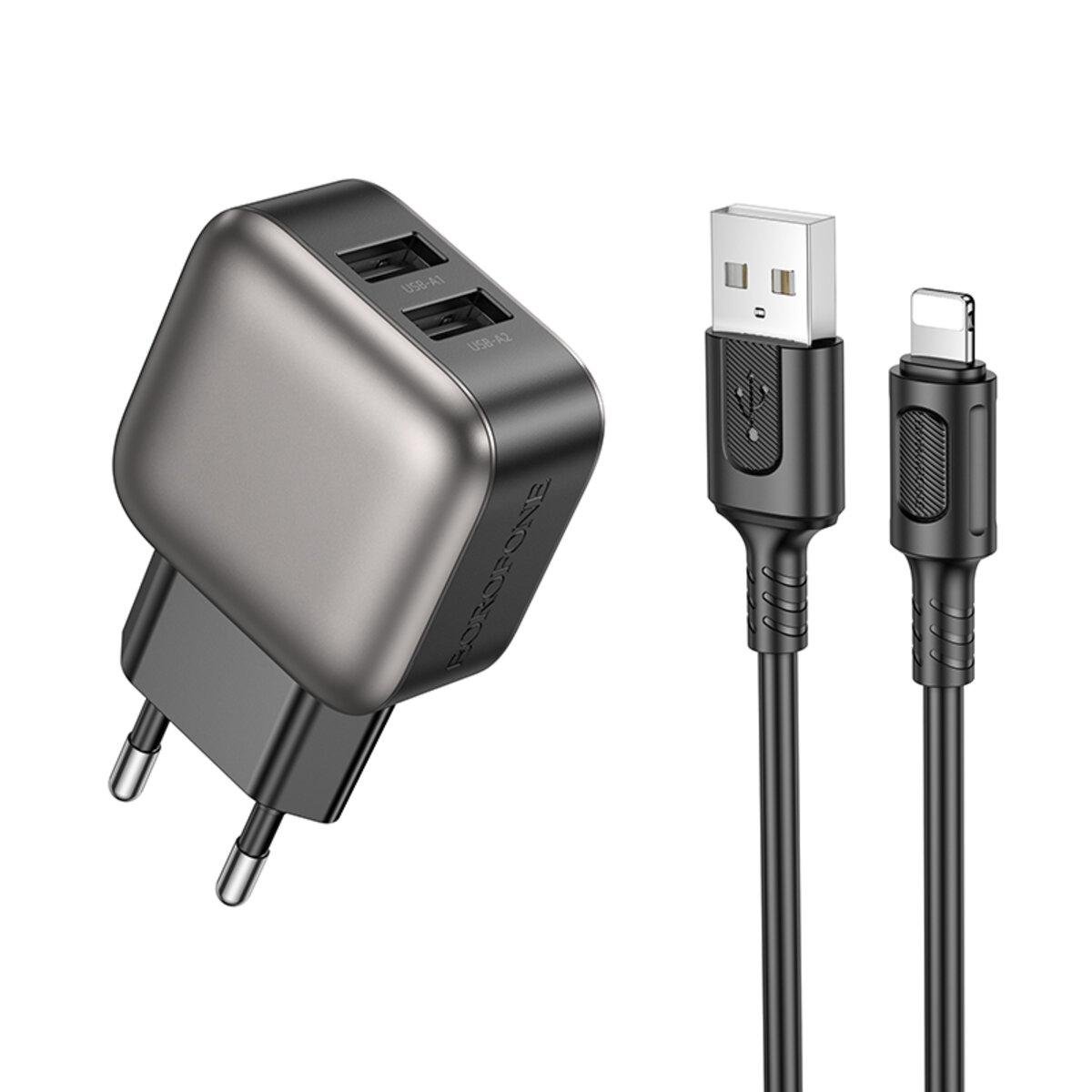 Зарядное устройство с кабелем Borofone BAS51A Absolute Dual-Port Charger Set USB to Lightning 2,4A Black (6941991116117) Зарядное устройство с кабелем Borofone BAS51A Absolute Dual-Port Charger Set USB to Lightning 2,4A Black (6941991116117)