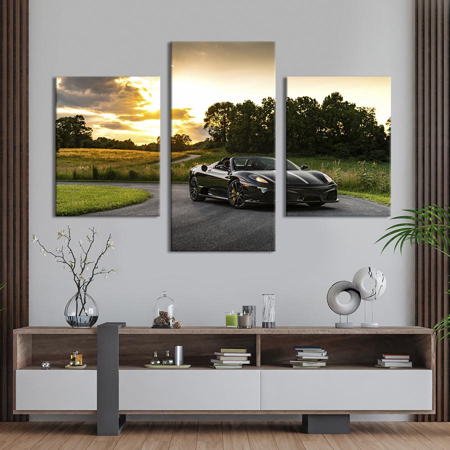 Картина на холсте триптих Чёрная Ferrari Scuderia Spider с открытым верхом 66x40 см (1318-32)