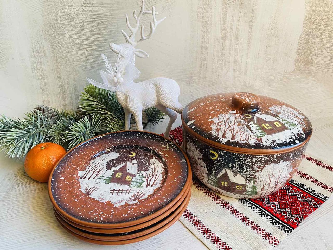 Набор глиняной Рождественской посуды Зима 4 персоны с рисунком ручной работы - фото 1