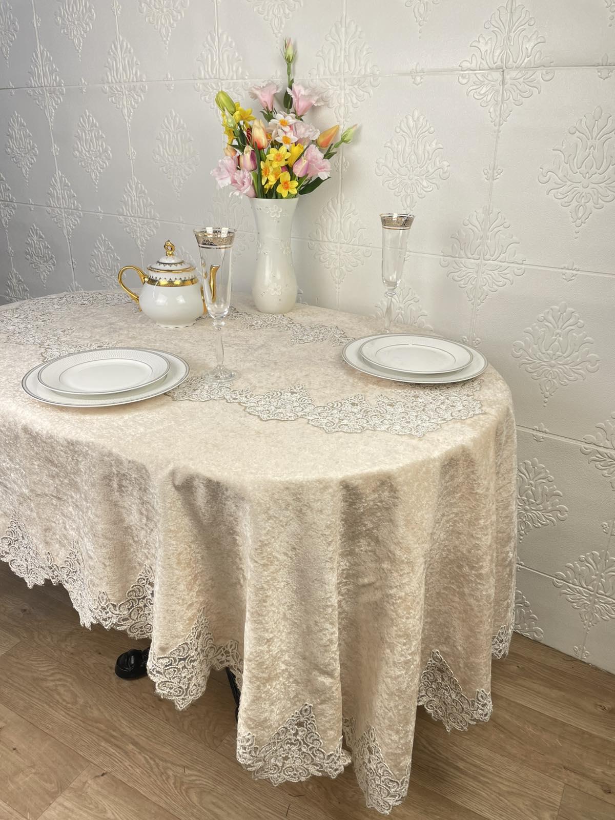Скатертина велюрова Acme Tekstil PVS Quenn ovale 160x260 см Capuccino (CN37700)