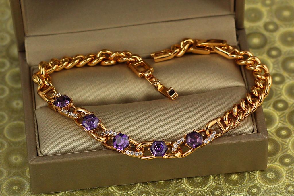 Браслет Xuping Jewelry панцирный гурмет с фиолетовыми камнями 21,5 см 4 мм Золотистый (2461438427)