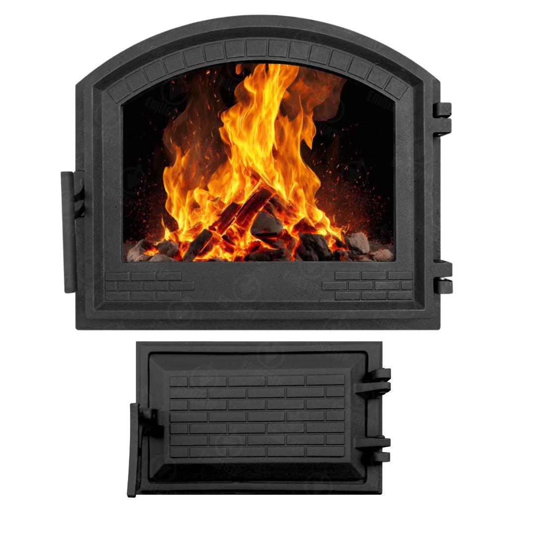 Комплект чавунних дверцят замковий з вогнетривким склом 490x420 мм/піддувальний замковий 265x165 мм