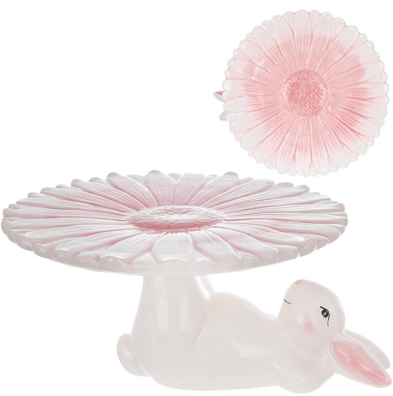 Подставка для торта/кулича милый кролик фарфоровая 23 см Белый с розовым