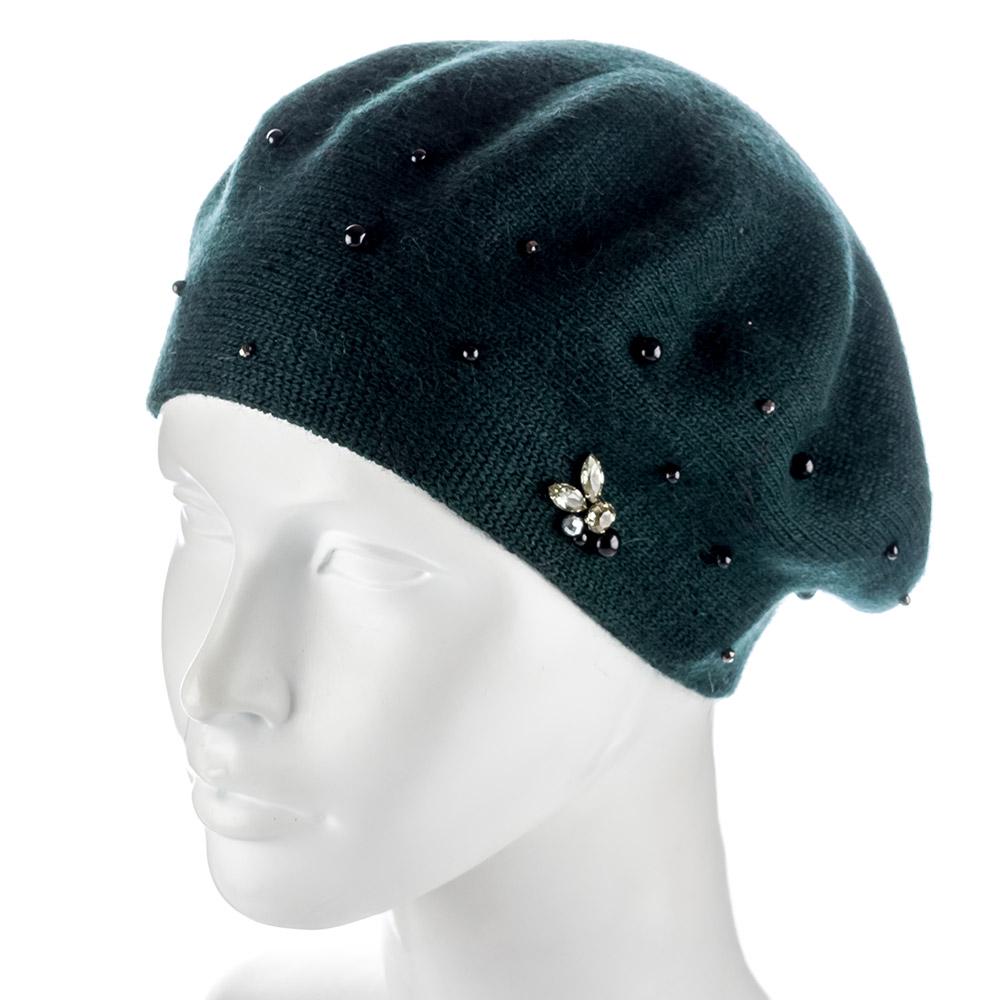 Берет ангоровый Actrics WH767 двойной с бусинами L р. 57-58 Зеленый