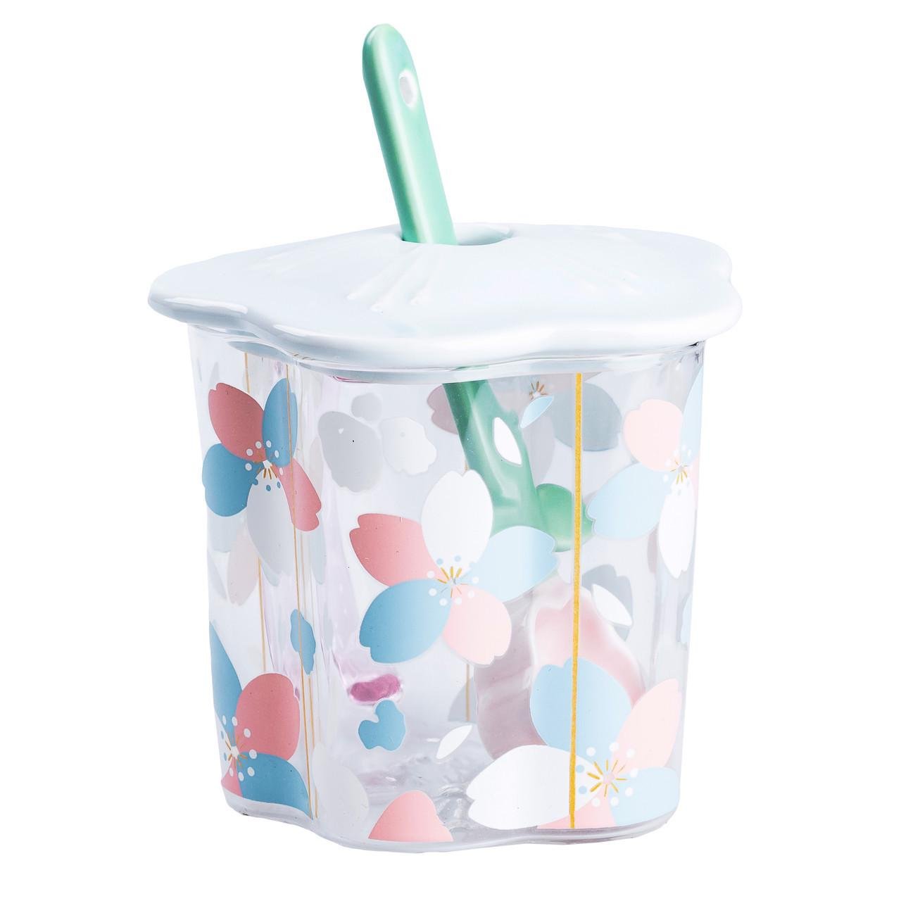 Чашка стеклянная с ложкой и крышкой 500 мл Голубой (HP7213BL)