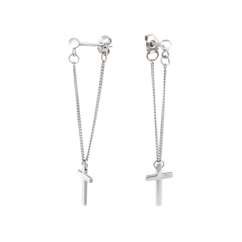 Серьги серебряные пусеты в виде крестиков на тонкой цепочке