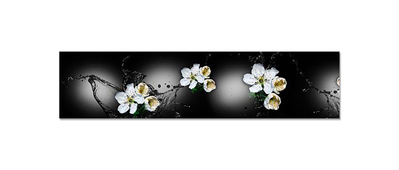 Кухонный фартук Необычные цветы вишни брызги на черном фоне из самоклеющейся виниловой пленки 60х250 см Черный