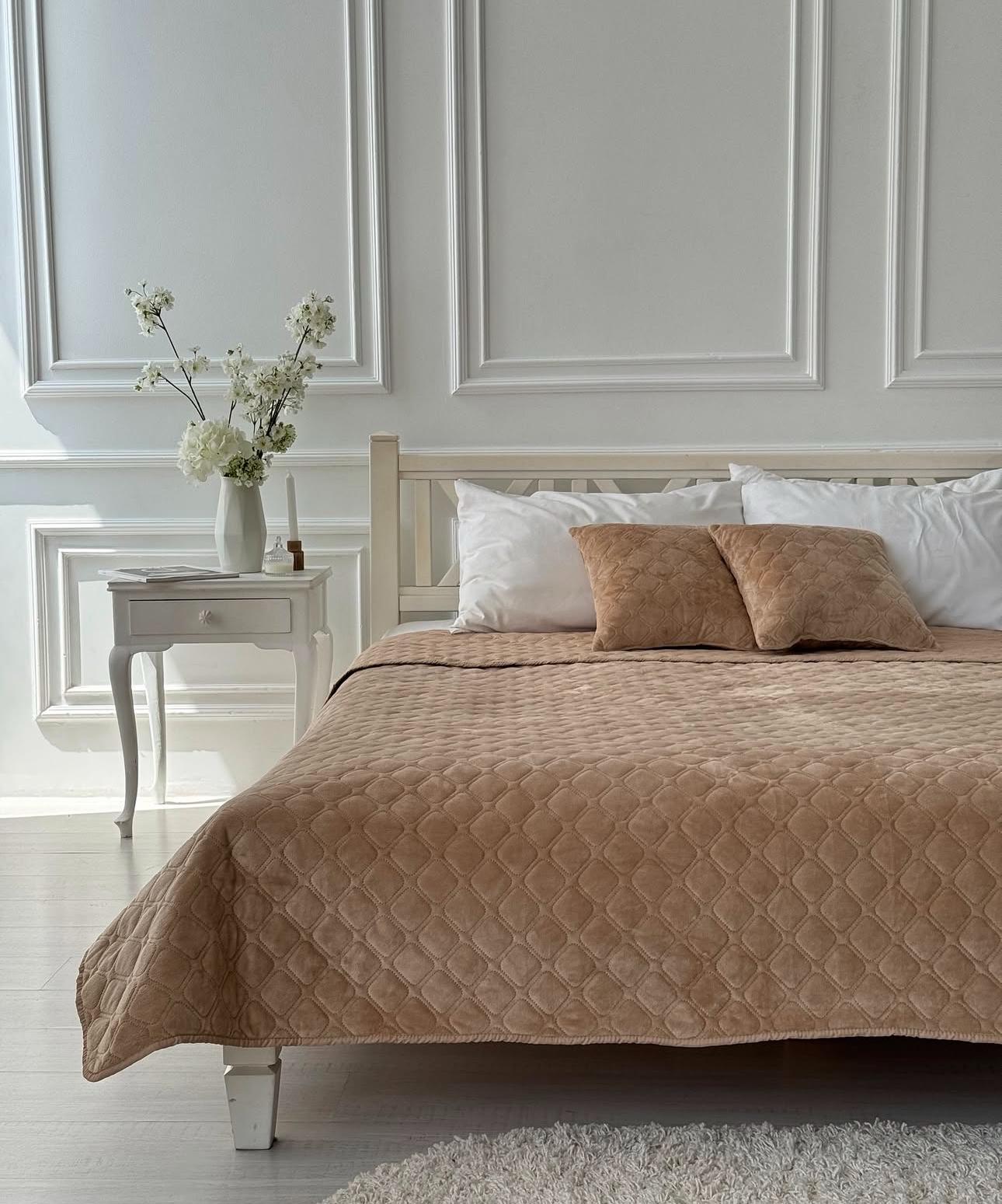 Покрывало ТЕП велюровое двустороннее Velour Ромб круглый двуспальное 150х210 см Бежевый