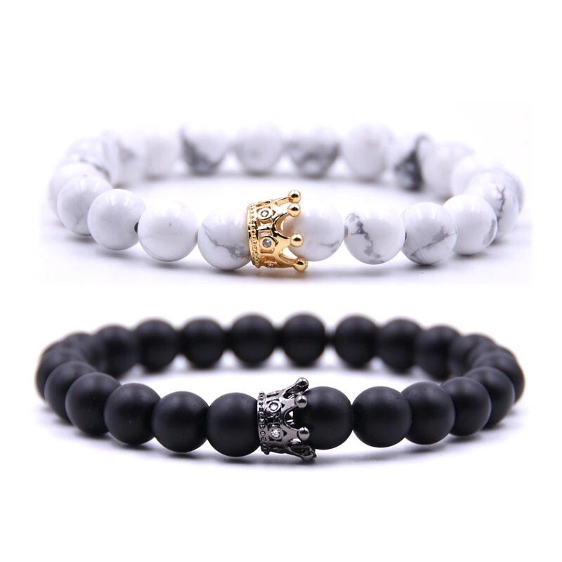 Браслети парні з кахолонгу та шунгіту з коронами р. 18 (70004)