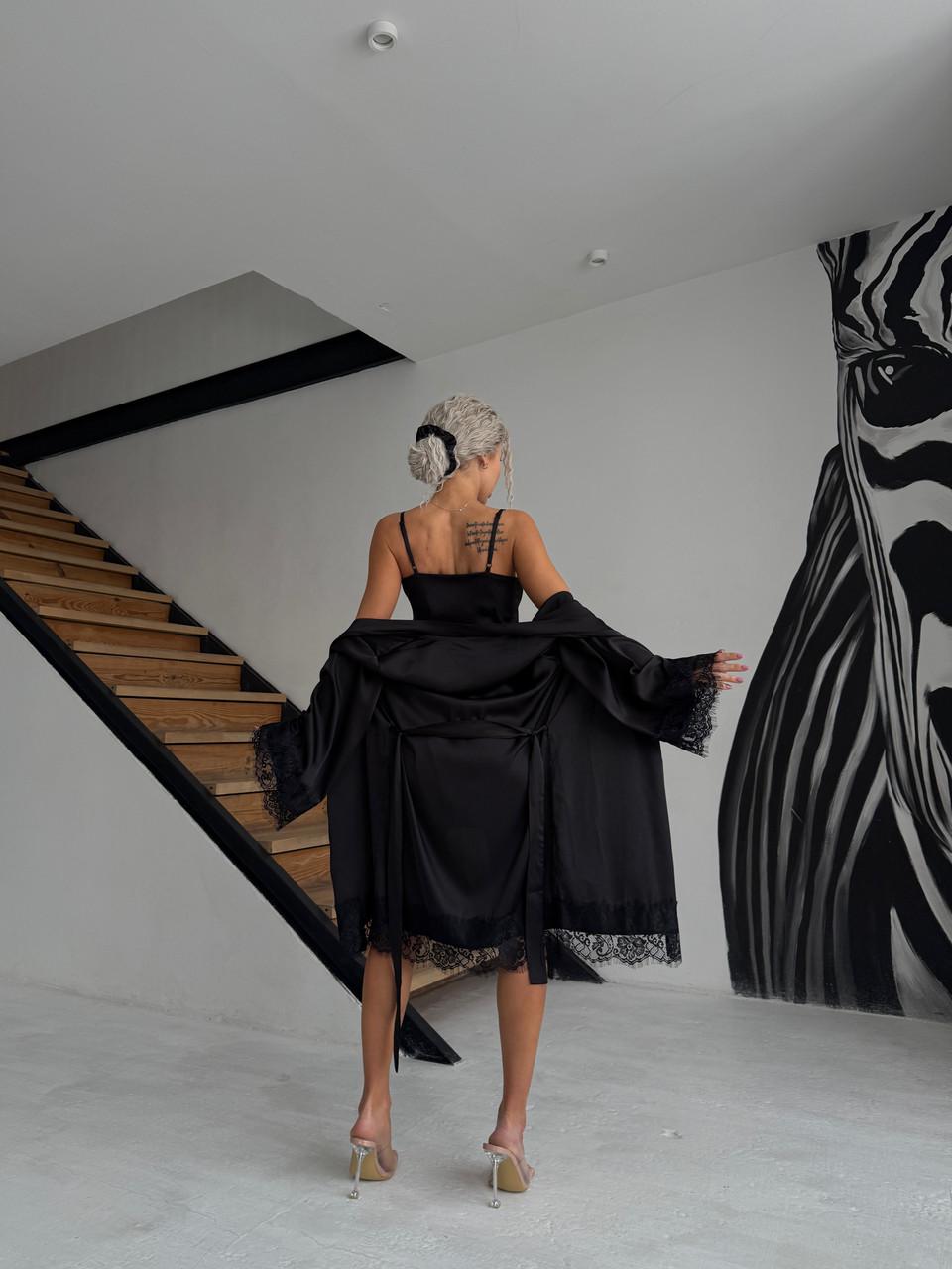 Халат женский шелковый с кружевом Чернный (2533884022) - фото 7