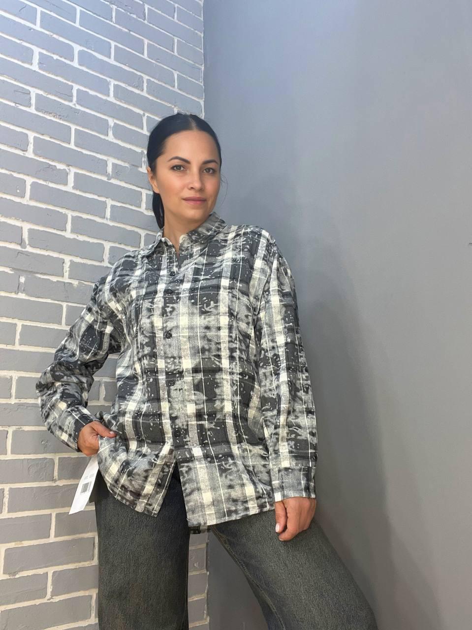 Рубашка женская A-N 2775 клетчатая вареная в клетку оверсайз коттон OS Серый (2907)