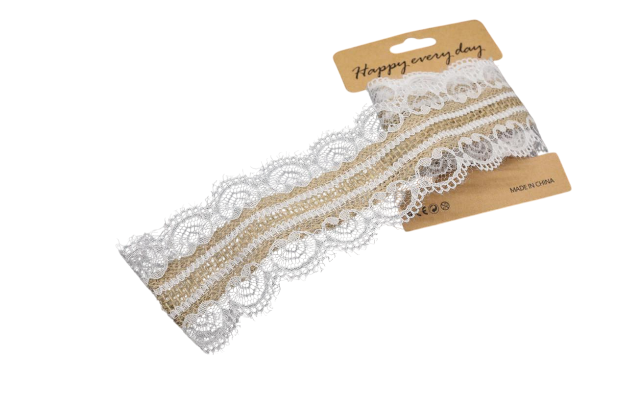 Лента из мешковины натуральная с белым кружевом декоративная 55 мм 1 м (LF-010)