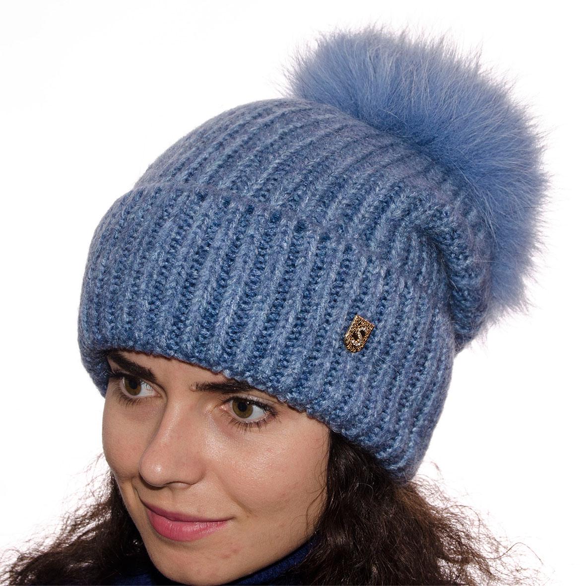 Шапка Sofi SF20222 з великим хутряним помпоном Джинсовий