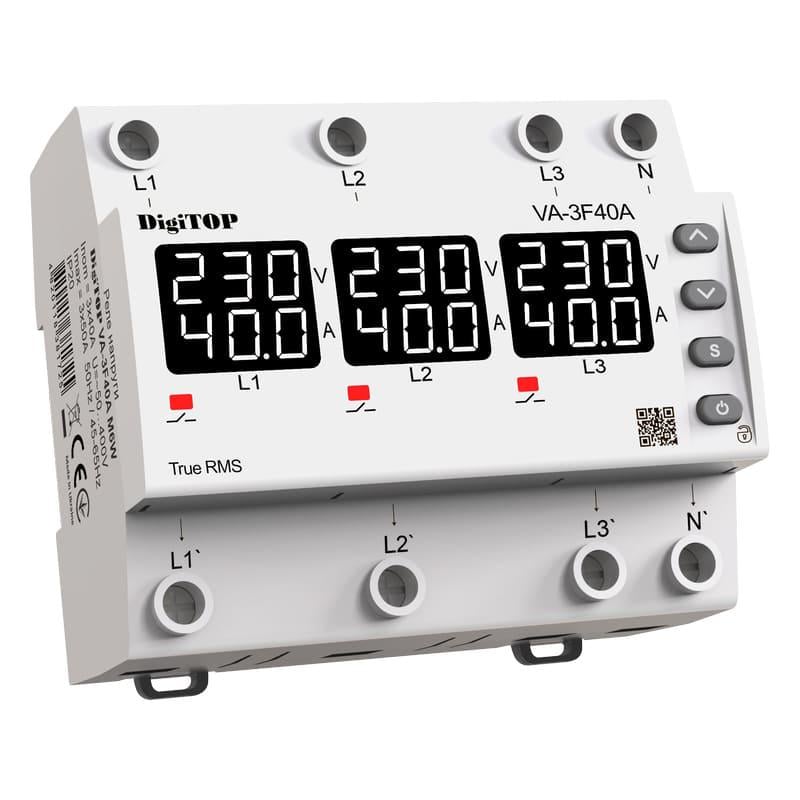 Реле напряжения с контролем тока Digitop VA-3F40A M6W на din рейку