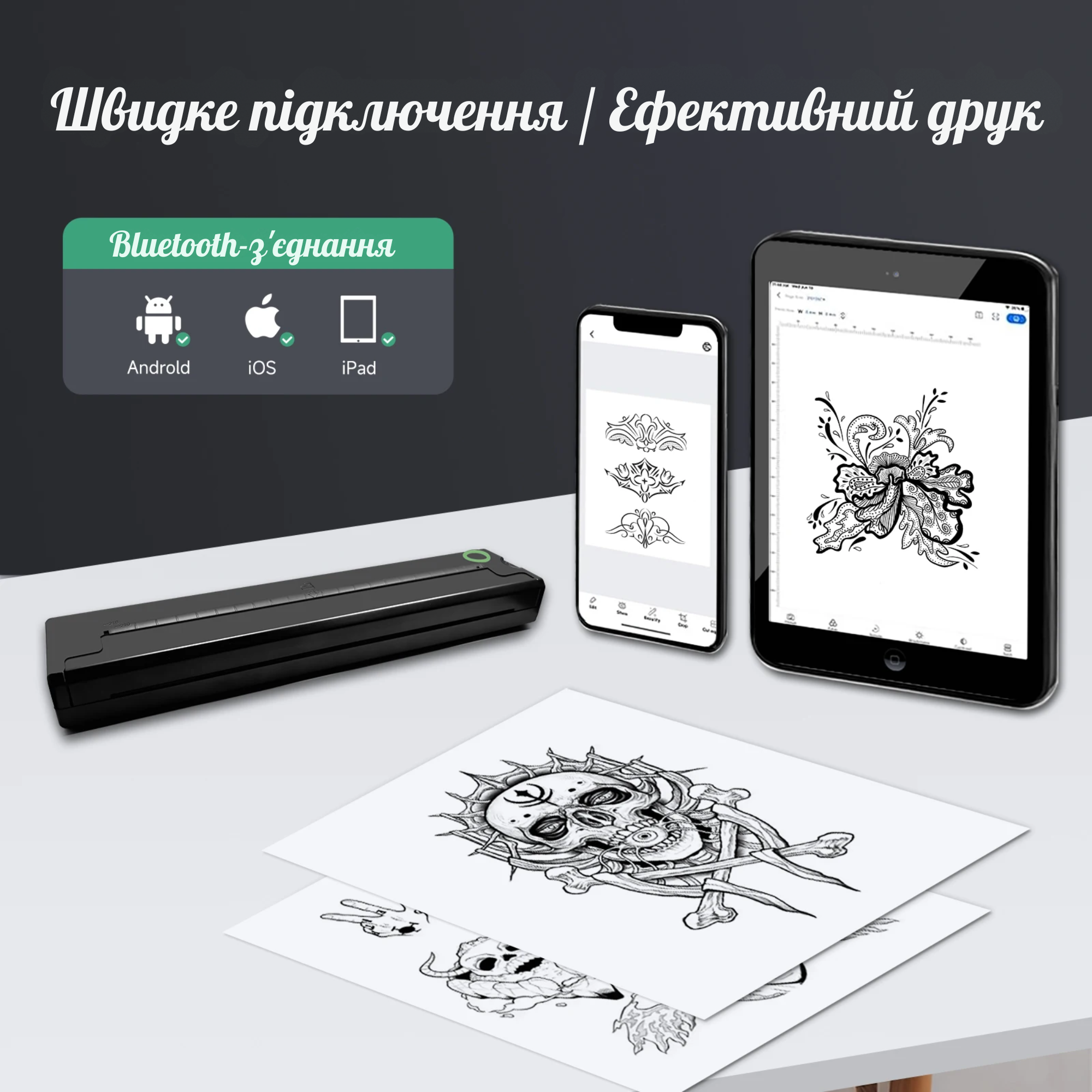 Термопринтер A4 Bluetooth 2000 mAh/2 рулона термо бумаги/5 листов бумаги для трансфера тату (GS-310) - фото 2