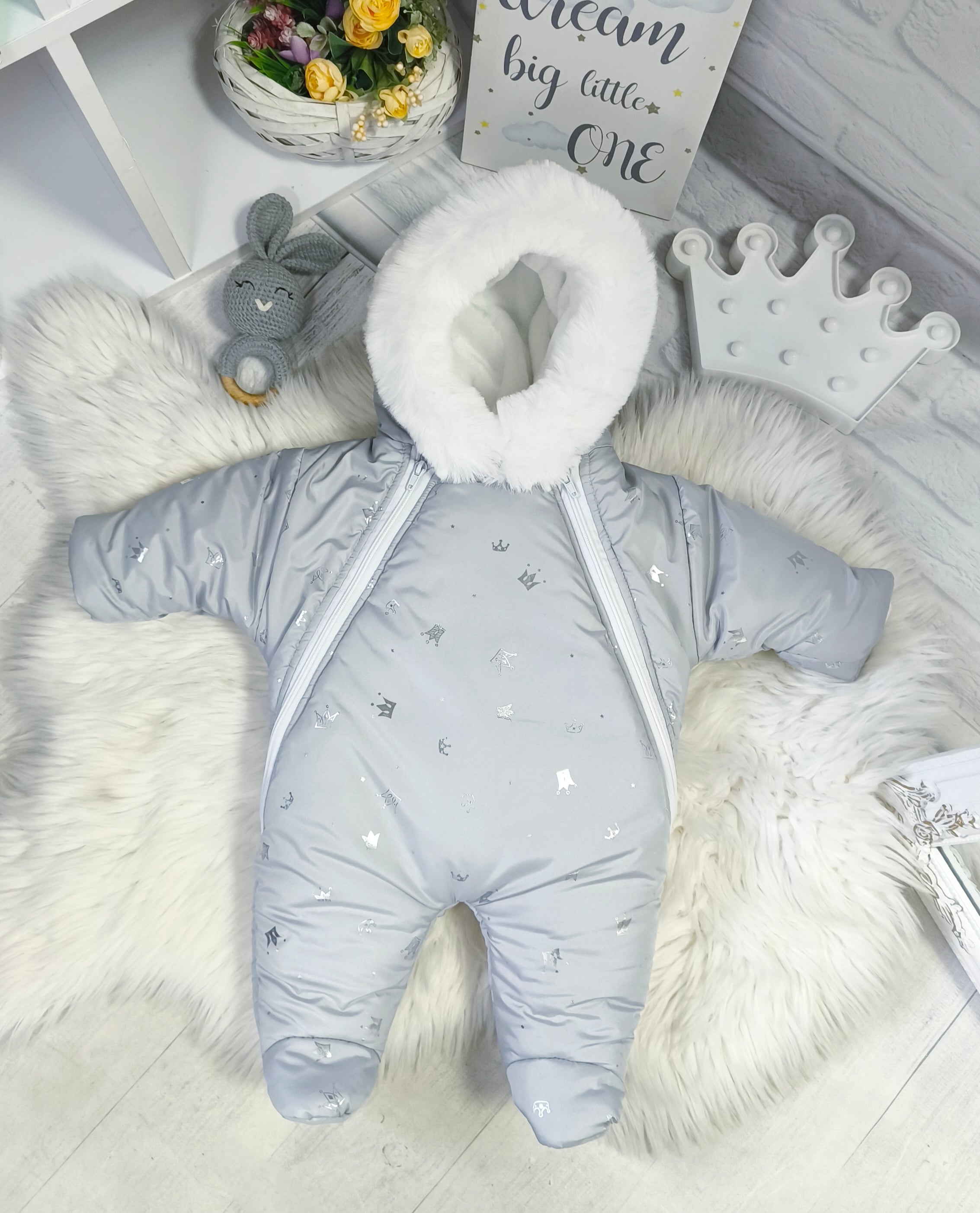 Детский зимний комбинезон ElLiz_kids Корона на бахроме 0-4 месяца Серый (Korona-grey)