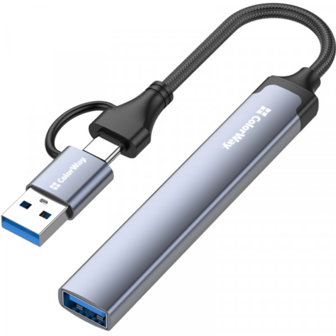 USB-хаб ColorWay USB/Type-C 4в1 USB2.0х2/USB3.0/USB-C2.0 Grey (CW-HUB06)