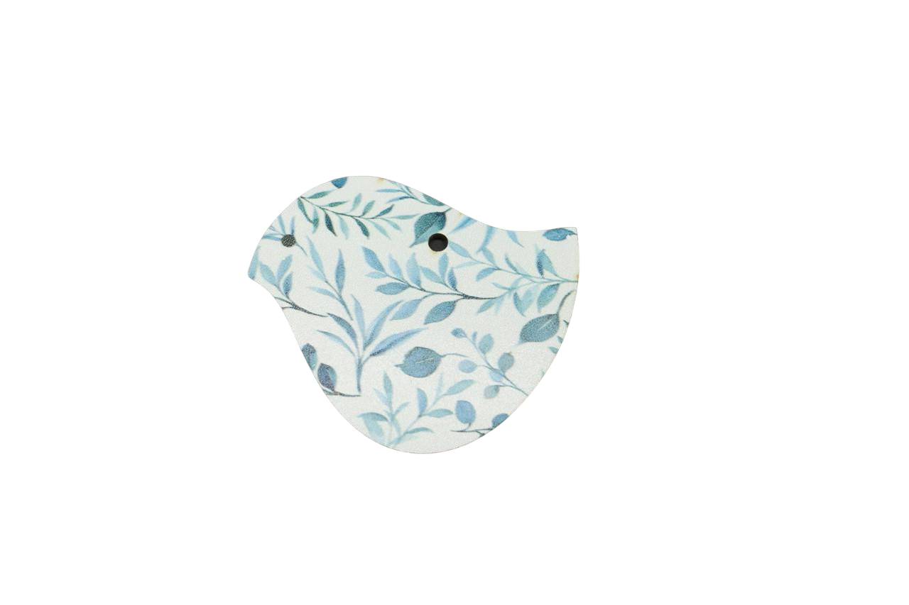 Игрушка елочная Птичка с принтом веточки УФ-печать 8,5х8 см Белый с синим (НР-438)