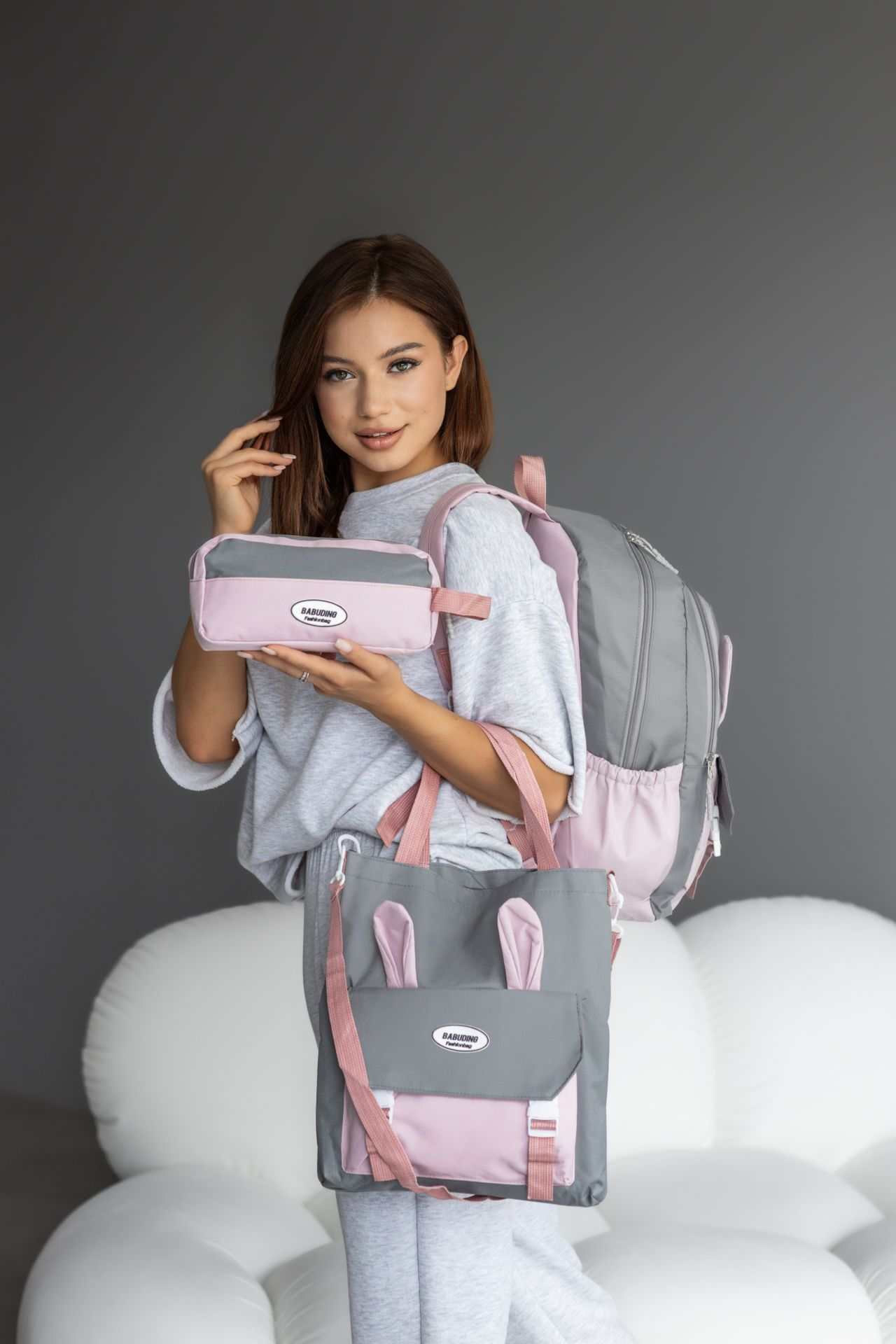 Школьный рюкзак для девочки Ушки 3в1 5-11 класс Серо-Розовый (27668039) - фото 8